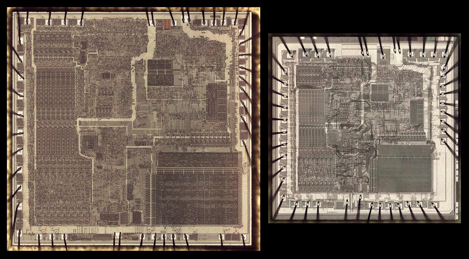 Two versions of the 8086 die, at the same scale. The bond wires are connected to pads around the edge of the die.