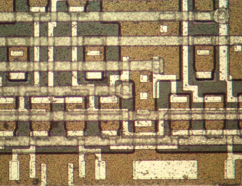 A closeup of the fake chip showing transistors.