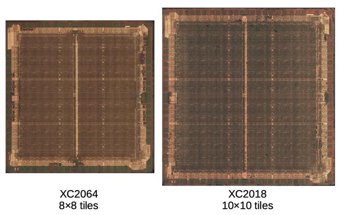 Comparison of the XC2064 and XC2018 dies. The images are scaled so the tile sizes match; I don't know how the physical sizes of the dies compare. Die photos from siliconpr0n.