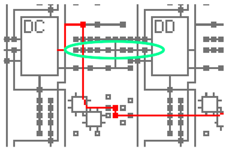 Input selection. The eight nodes circled in green are potential inputs to DD; one of them can be selected.