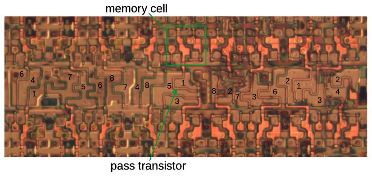 Implementation of an 8-pin switch matrix. The silicon regions are labeled with the corresponding pin numbers. The metal layers (which connect the pins to the transistors) were removed for this photo. Based on die photo from siliconpr0n.