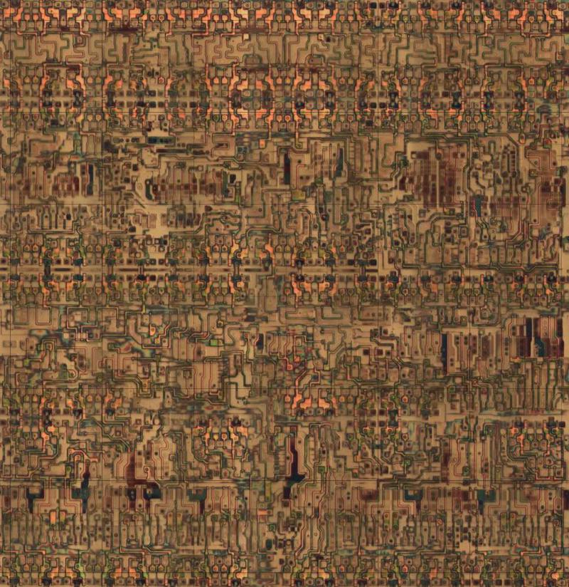 Die photo closeup showing the circuitry for one of the 64 tiles in the XC2064 FPGA. The metal layers have been removed, exposing the silicon and polysilicon transistors underneath. Click for a larger image. From siliconpr0n.