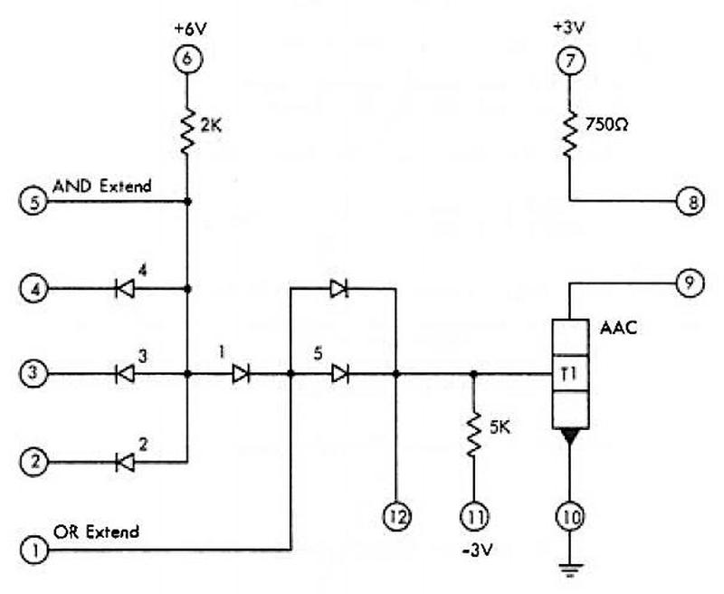 Schematic of one of the SLT modules on the board (361453 AND-OR-INVERT (AOI) gate) from the IBM manual.