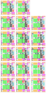 Seventeen horizontal layers of a complex digital chip design showing the interconnection layouts for each layer