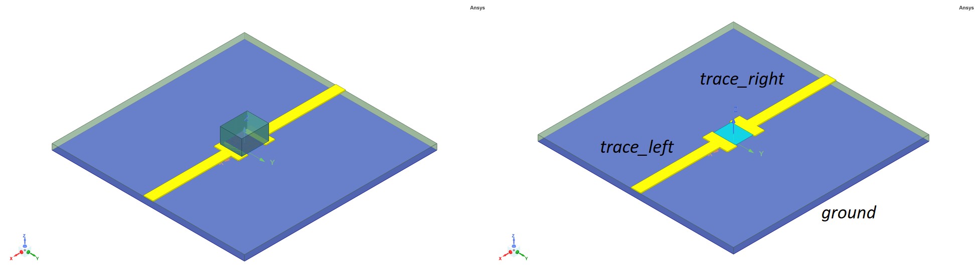Fig. 3 Two ways to model a SMD capacitor on a PCB 3D left or using an RLC boundary condition BC Right