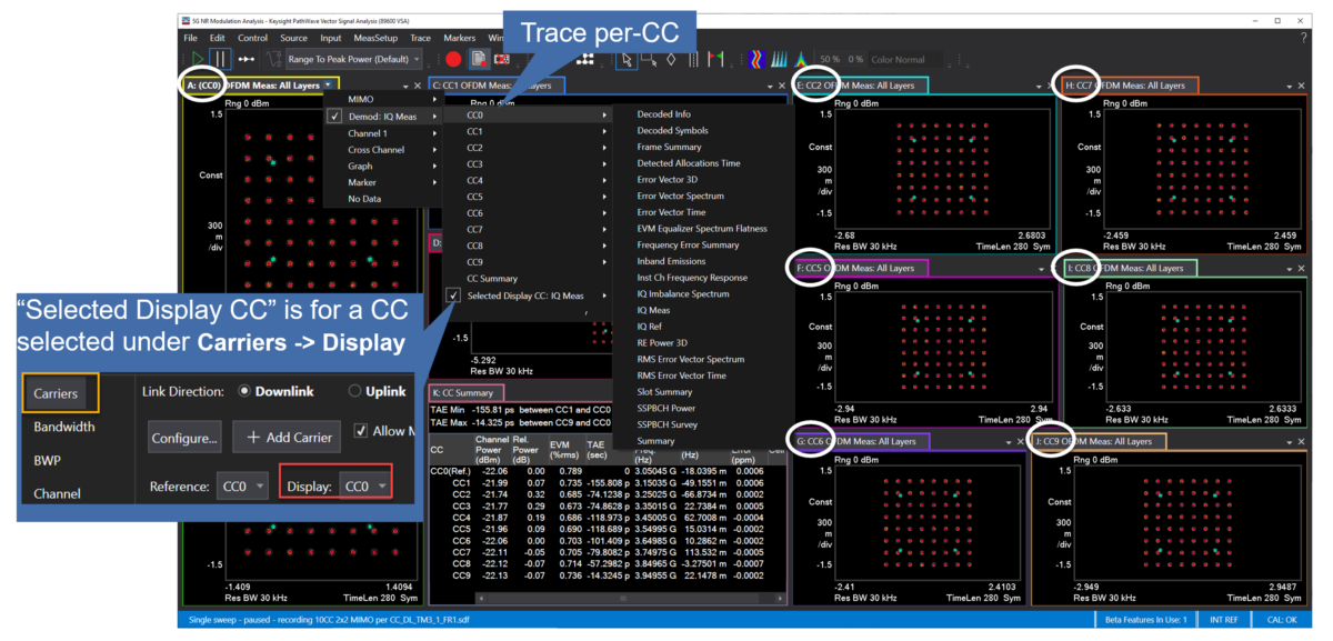 Multiple component carrier views in Keysight 89600 VSA