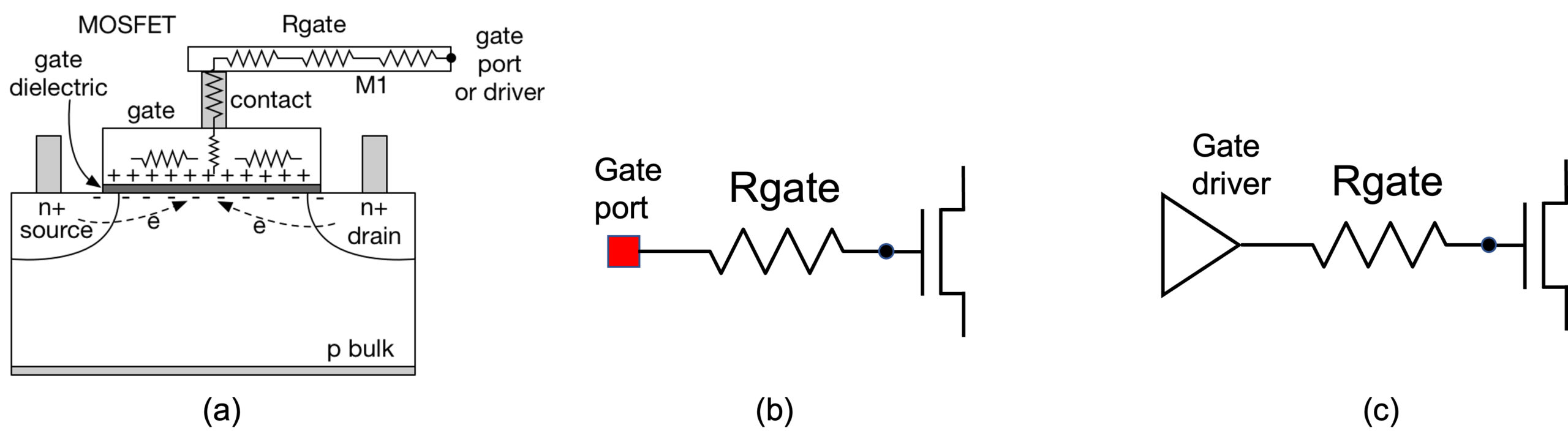 MOSFET cross-section and schematic illustration of gate resistance.