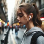 girl wearing wireless earbuds on noisy street min