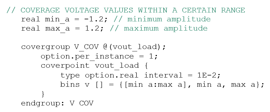 Covergroup to cover an interval of an electrical signal.