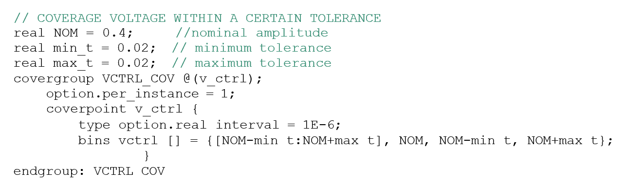 Covergroup to cover an electrical signal with a certain tolerance.