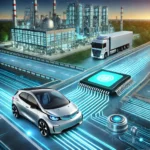 A futuristic depiction of electric vehicles (EVs) and advanced driver assistance systems (ADAS) with integrated semiconductor chips.